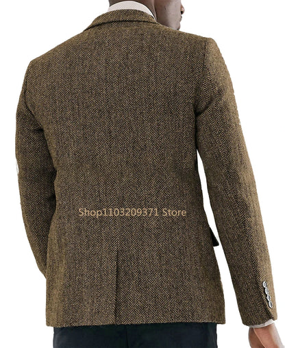 Men's Wool Tweed Blazer – Single Breasted Suit Jacket for Men | Herringbone | Formal & Wedding