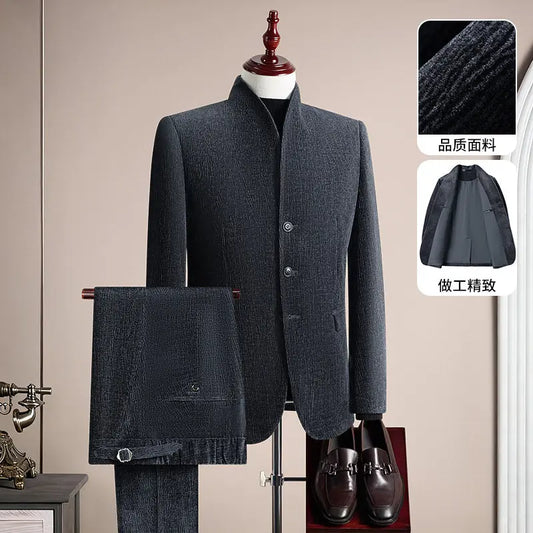 Men's Smart Casual Single Breasted Slim Fit Suit Set – Dark Gray & Black