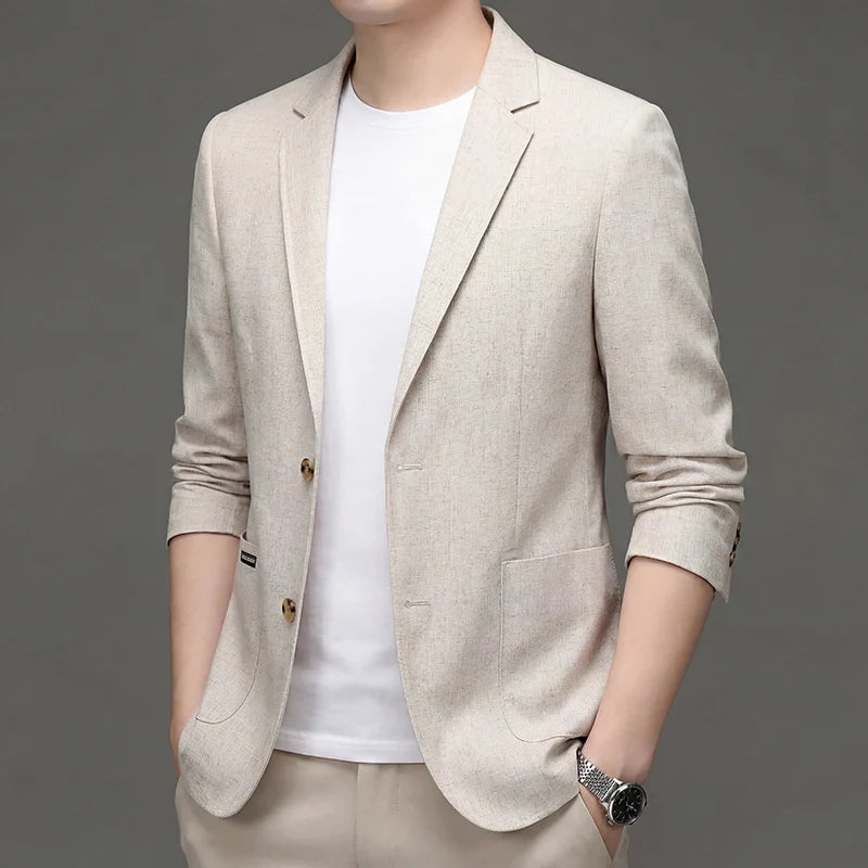 Men's Premium Thin Blazer Spring Summer Solid Color Breathable Cotton Linen Blend Business Casual Jacket Minimalist Office Urban