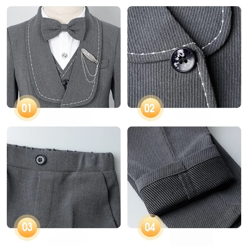 Children's Beige Blazer Set Kids Formal Wedding Birthday Party Suit Set Boys Jacket Vest Pants Bowtie Brooch 5Pieces Clothes Set