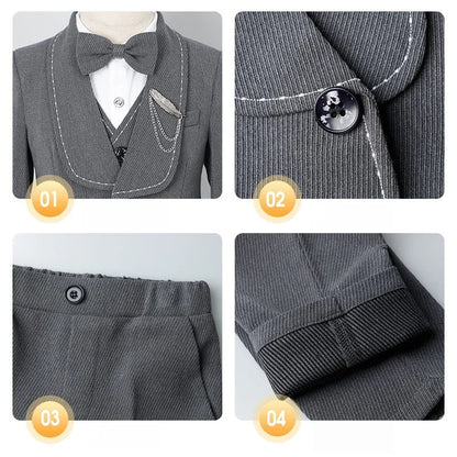 Children's Beige Blazer Set Kids Formal Wedding Birthday Party Suit Set Boys Jacket Vest Pants Bowtie Brooch 5Pieces Clothes Set