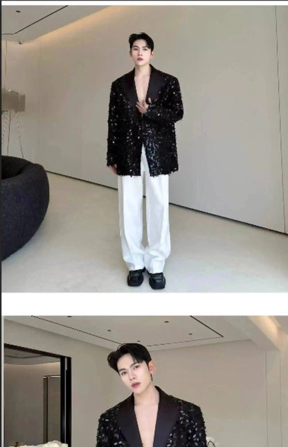 Design Patchwork Burr Original Casual Shoulder Pad Sequin Blazer Coat Men's 2025 Autumn Fashion Temperament Jacket JY7384