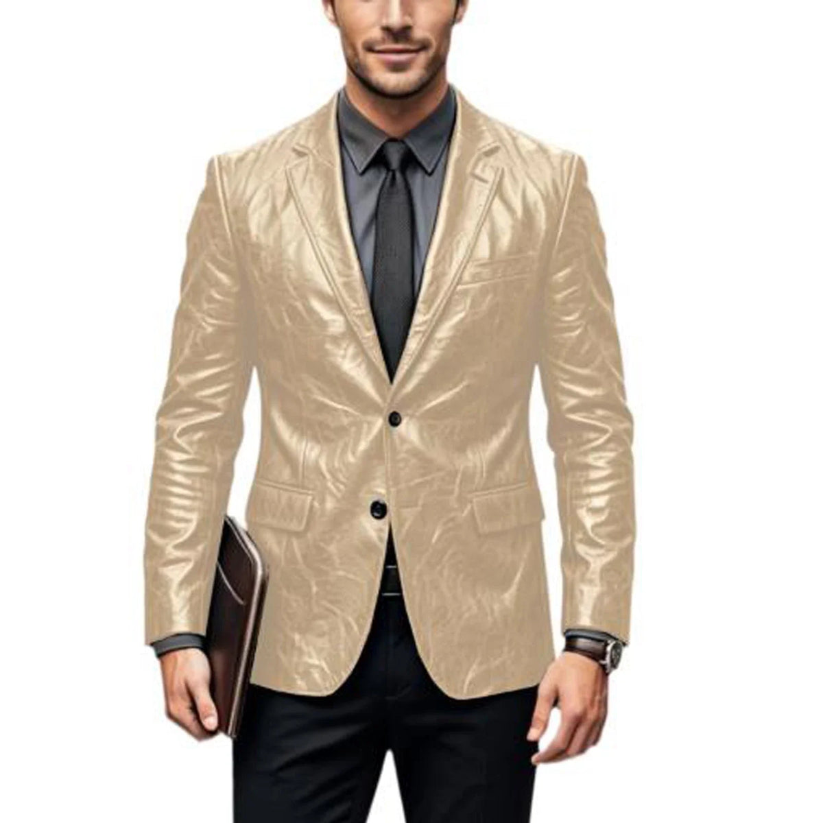 Vintage Wrinkled Men's PU Leather Blazer Slim Fit Notched Lapel Business Suit Jacket Two Button Casual Sport Coats for Office