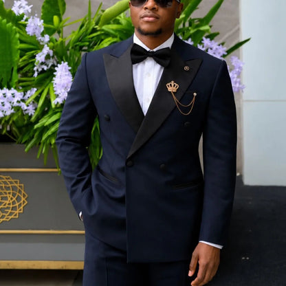 Men Suit Black 2 Piece Double Button With Bright Lapel For Wedding Groom Birthday Party Banquet Business Work Suit Jacket Pants