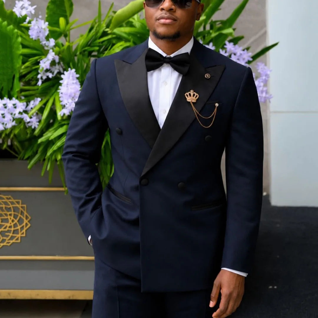 Men Suit Black 2 Piece Double Button With Bright Lapel For Wedding Groom Birthday Party Banquet Business Work Suit Jacket Pants