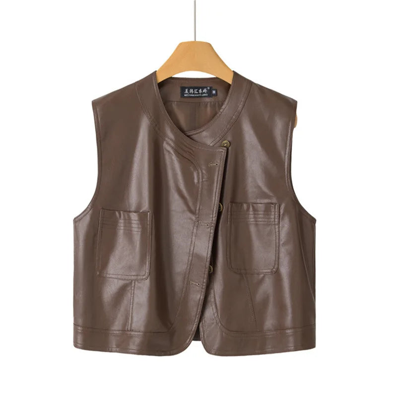 Pu Leather Vest Women Short Sleeveless Jacket 2026 Autumn New Solid Single-breasted Female Imitation Leather Waistcoat Outerwear