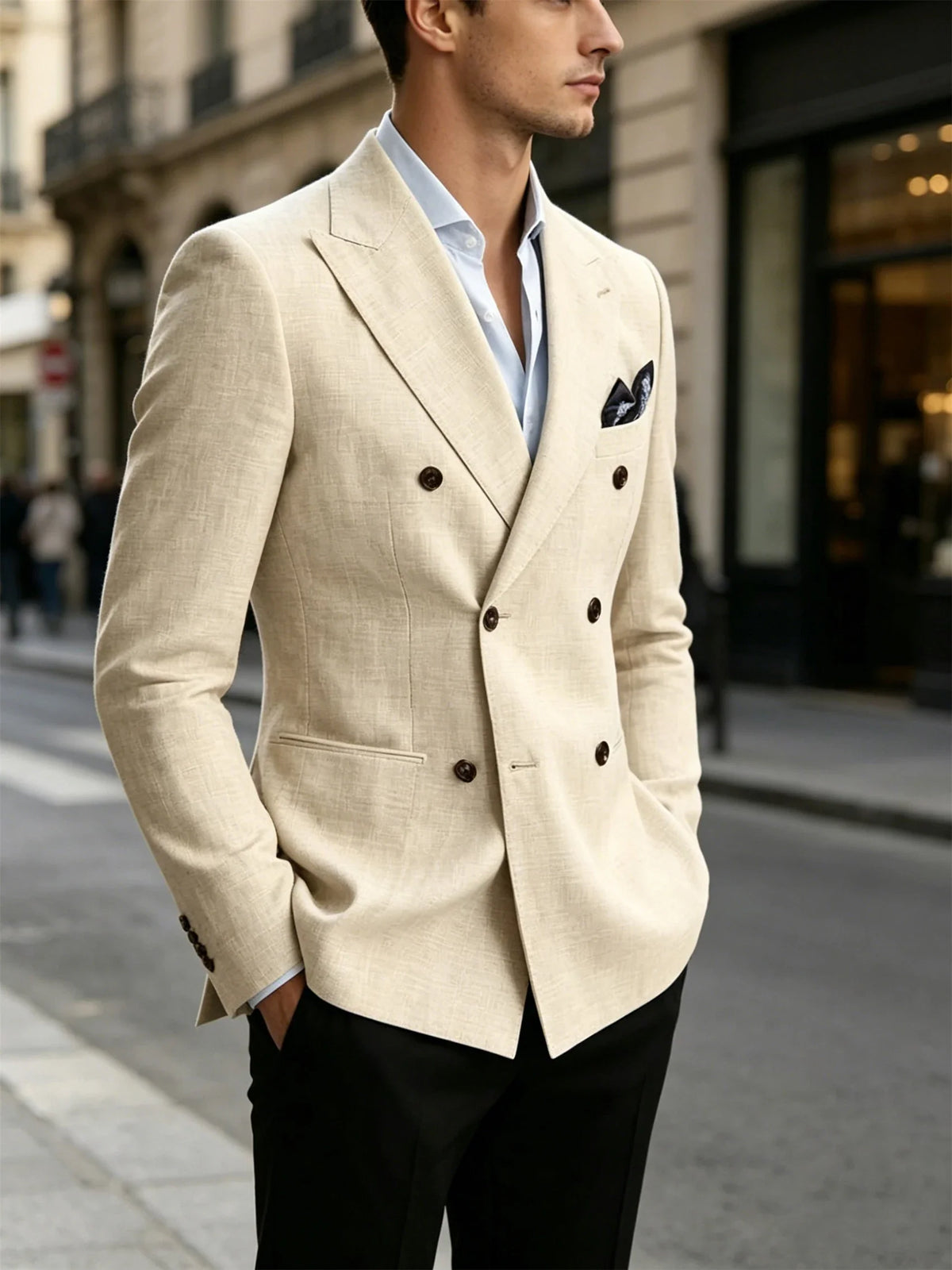 Men’s Linen Blend Suit Blazer Double Breasted Casual Peak Lapel British Style Jacket  Soft Breathable Men Suit For Summer Beach