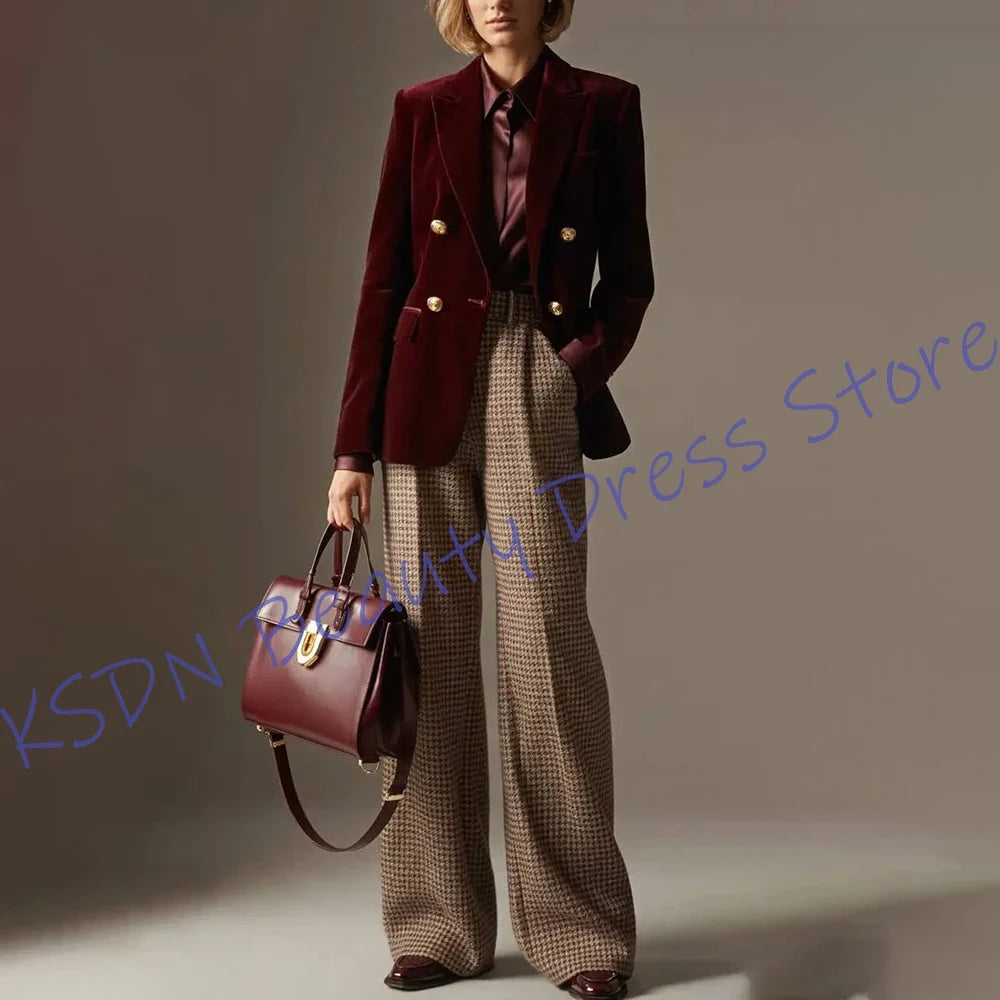 Elegant Women's Suit Luxury Burgundy Velvet Blazer+Houndstooth Pants Set 2Piece Tailored Office Lady Jacket Casual Business Wear