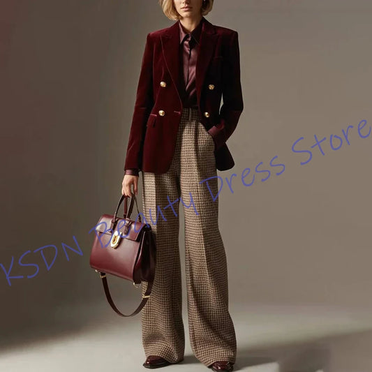 Elegant Women's Suit Luxury Burgundy Velvet Blazer+Houndstooth Pants Set 2Piece Tailored Office Lady Jacket Casual Business Wear