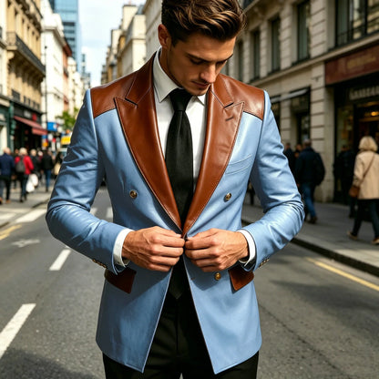 Luxury Men's Colorblock Leather Blazer Double Breasted Notched Lapel Business Casual Suit Jacket Fashion Formal Wear for Wedding