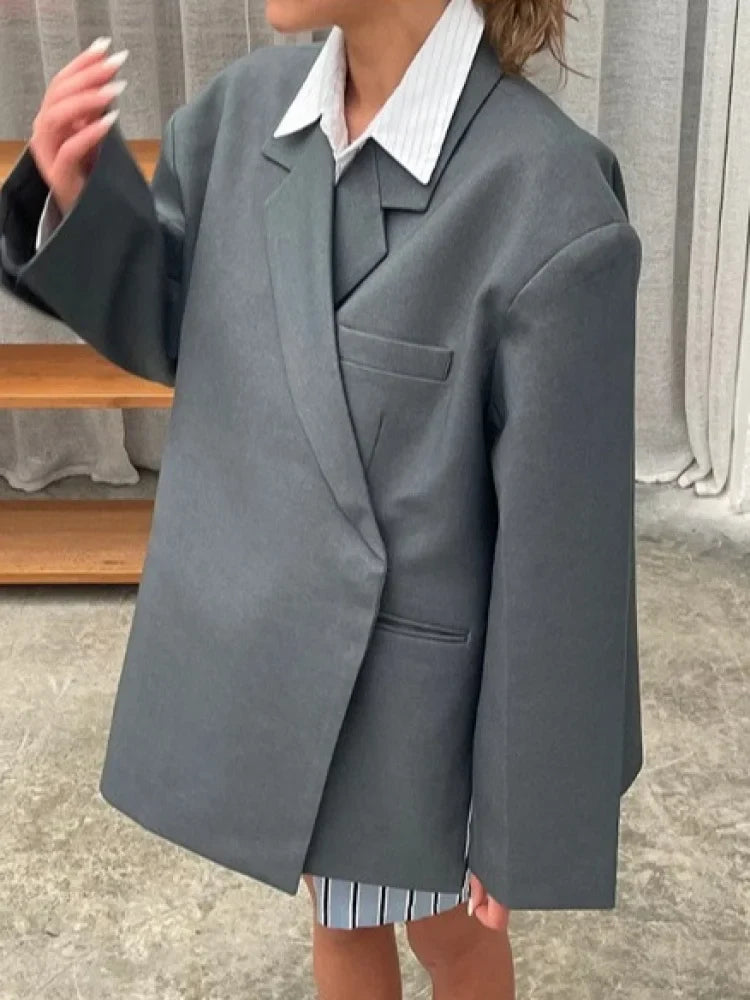 Cross-Border Women's Fashion Color Block Lapel Side Buttoned Suit Jacket Princess Style Loose Fit Long Sleeve Regular Length