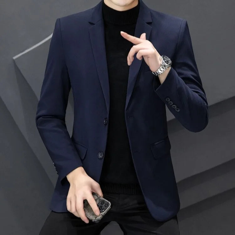 Men's Winter Cotton-Padded Thick Double-Breasted Casual Blazer Korean Style Trendy Solid Color Dark Blue Black Suit Jacket