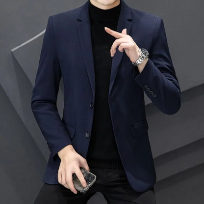 Men's Winter Cotton-Padded Thick Double-Breasted Casual Blazer Korean Style Trendy Solid Color Dark Blue Black Suit Jacket