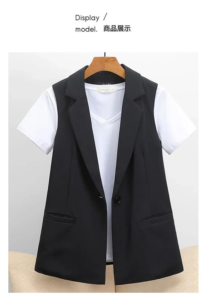 Autumn New Casual Lined Blazer Vest For Women Korean Loose Single Buckle Sleeveless Suit Coat Female Waistcoat Black Vest