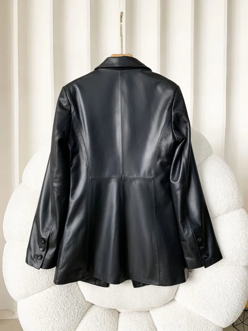 High Quality Women Single Breasted Genuine Leather Suit Jacket Fashion Office Lady Lapel Collar Slim Fit Sheepskin Blazers