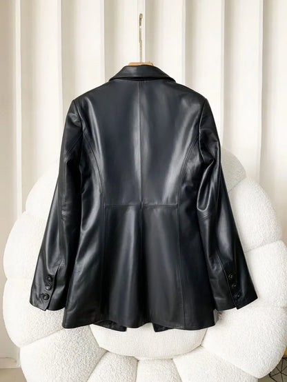 High Quality Women Single Breasted Genuine Leather Suit Jacket Fashion Office Lady Lapel Collar Slim Fit Sheepskin Blazers
