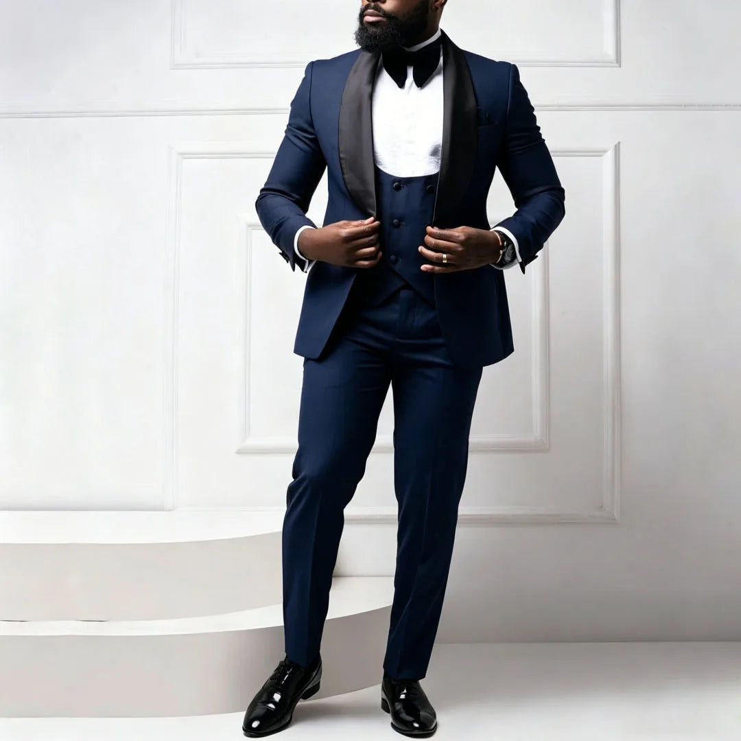 Men Suit Coffee 3 Pieces With Bright Black Lapel For Wedding Birthday Party Banquet Business Work Set Jacket Verst With Pants