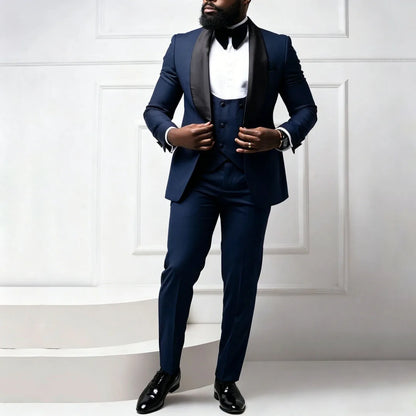 Men Suit Coffee 3 Pieces With Bright Black Lapel For Wedding Birthday Party Banquet Business Work Set Jacket Verst With Pants
