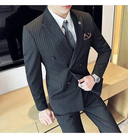 (Jacket + Vest + Pants)Three Piece Set Men Blazers Set stripe Suits Busines Casual Slim Fit Formal Dress Groom Tuxedo Wedding