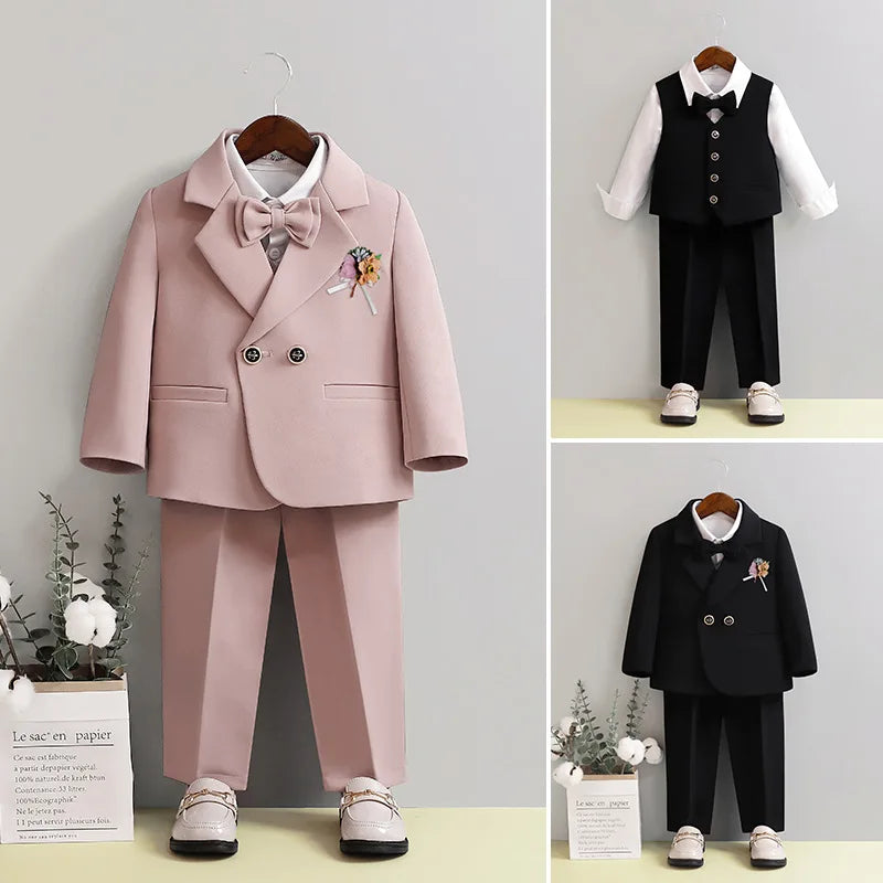 Children Formal Pink Wedding Dress Flower Boys Photography Suit Kids Stage Performance Outfit Baby Birthday Ceremony Costume