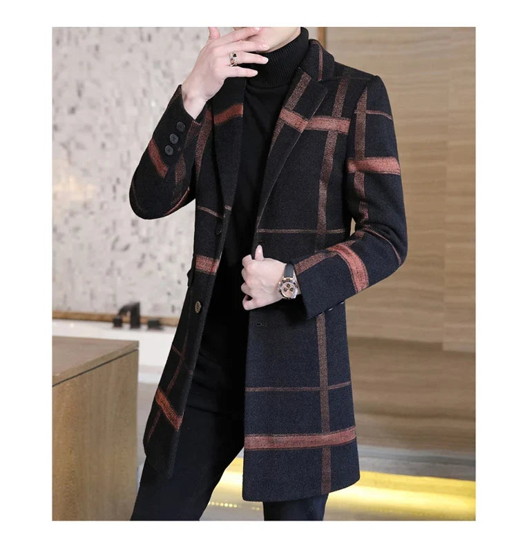 Korean Fashion Woolen Coat Men's Mid-Length Slim-Fit Trench Youth Business Casual 2023 Autumn Winter New Style