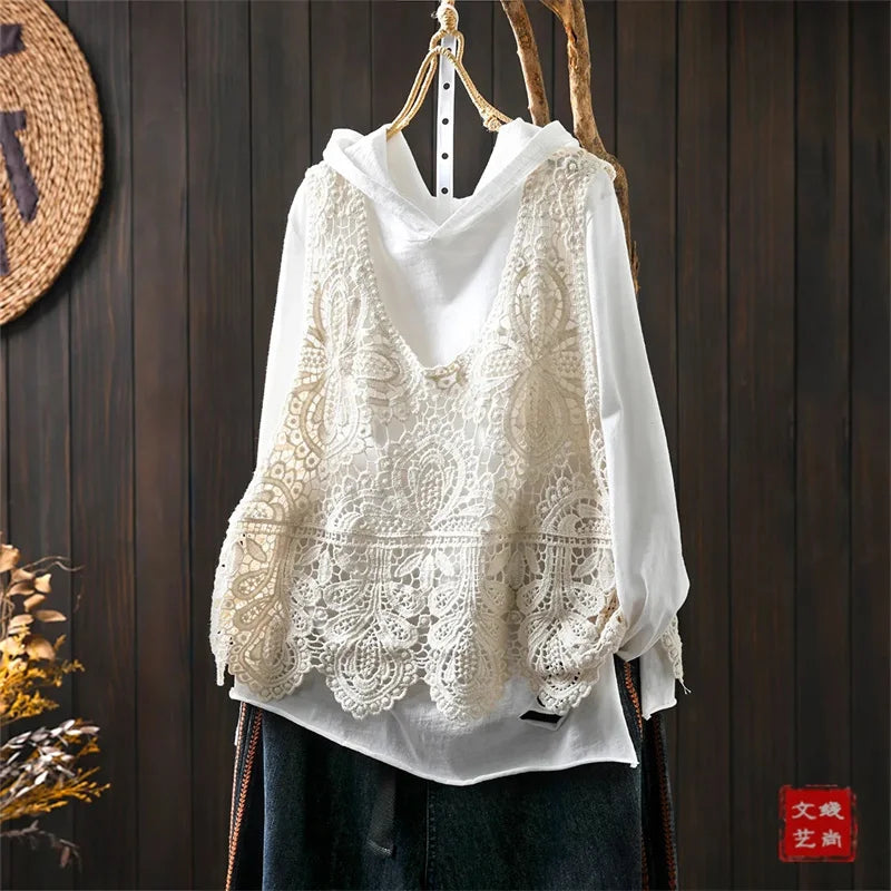 Summer Femme Lace Cotton Lined Vest Spring Women Fashion Knitted Crochet Sleeveless French Lady Hollow-out Sweater Waistcoat Top