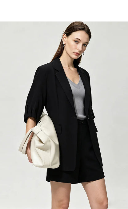 Women's Blazer 2026 Summer New Notch Lapel Linen Blend Pleated Half Sleeve Jacket Casual Office Midi Length Coat 12642184