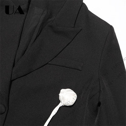 Unique Design Women’s Blazer – Black, 3D White Rose, Long Sleeve, Button Closure, Work Date Jacket Office Casual Jacket