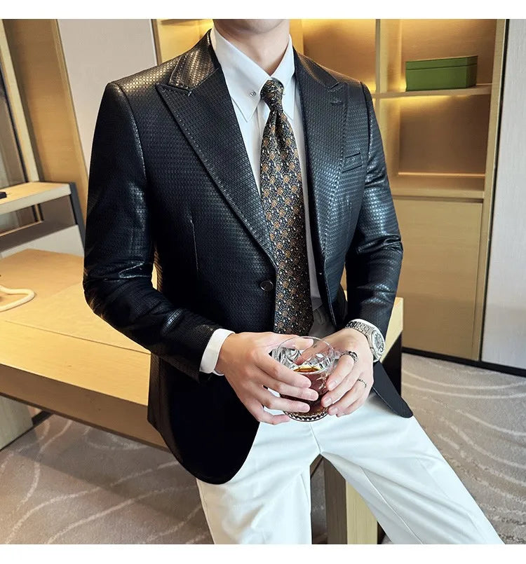 Korean Waffle Leather Suit Jacket Men's Business Casual PU Leather Blazer Slim Fit Wedding Groom Office Social Formal Coats 2026