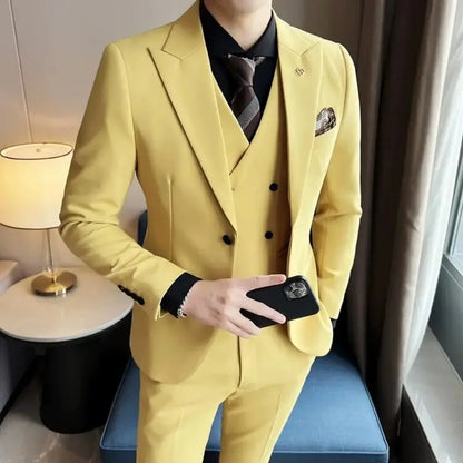 Men's Double Breasted Trench Coat Suit Casual Simple Blazer Vest Pants High Quality Recent Design Matching Set