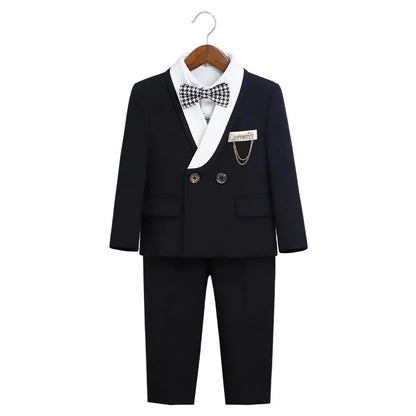 Kids 5Pieces Suit Set With Jacket Vest Pants Bowtie Brooch Boys Birthday Wedding Party Dress Children's Performance Costume