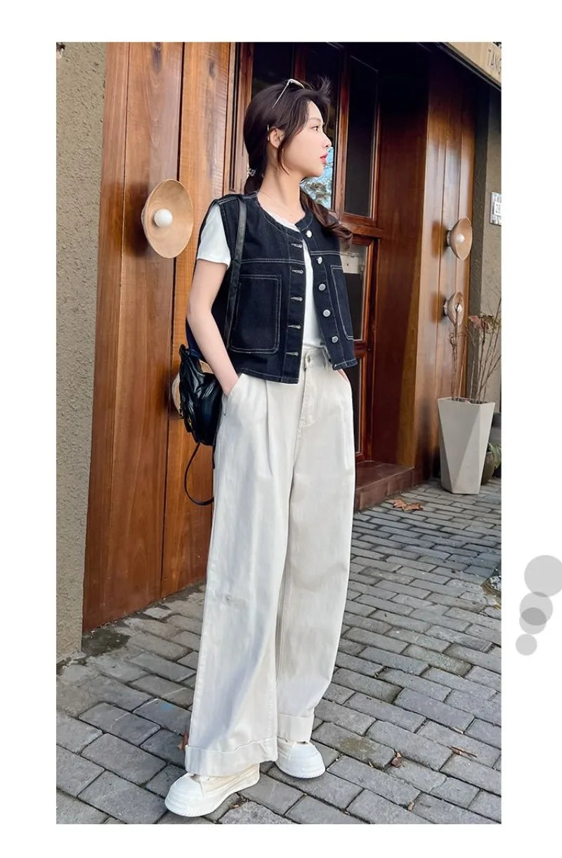 Retro Loose Thin Denim Vest Coat Women's Spring Summer Versatile Casual Sleeveless Jeans Jacket Korean Short Denim Waistcoat