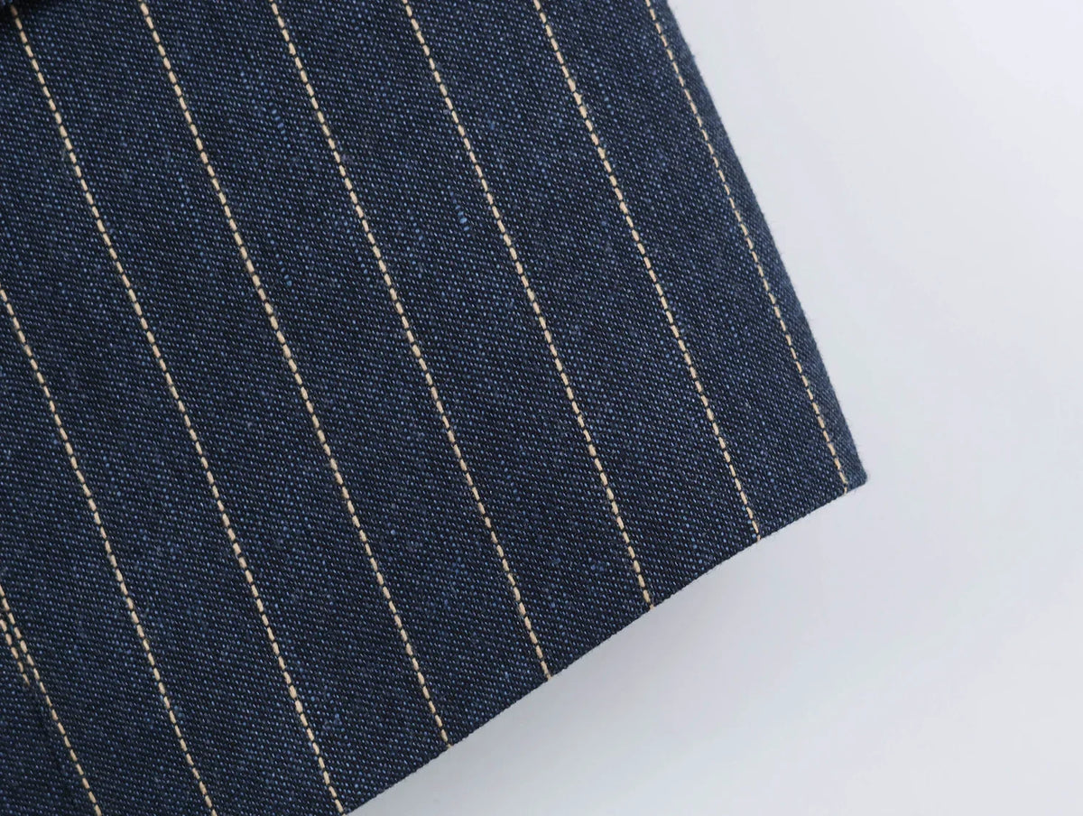 2026 Fashion Women's  Navy Pinstripe Blazer Autumn Elegant Female Long Sleeves Button Military Style Slim Suit Jacket
