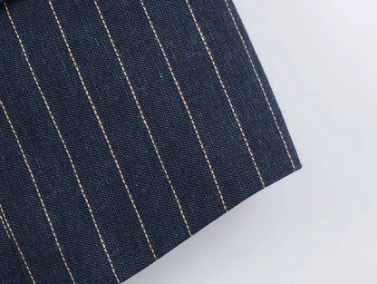 2026 Fashion Women's  Navy Pinstripe Blazer Autumn Elegant Female Long Sleeves Button Military Style Slim Suit Jacket
