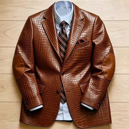 Men's Crocodile Embossed Leather Brown Jacket Patchwork Lapel Collar Slim Fit Luxury PU Blazer For Business Casual Party