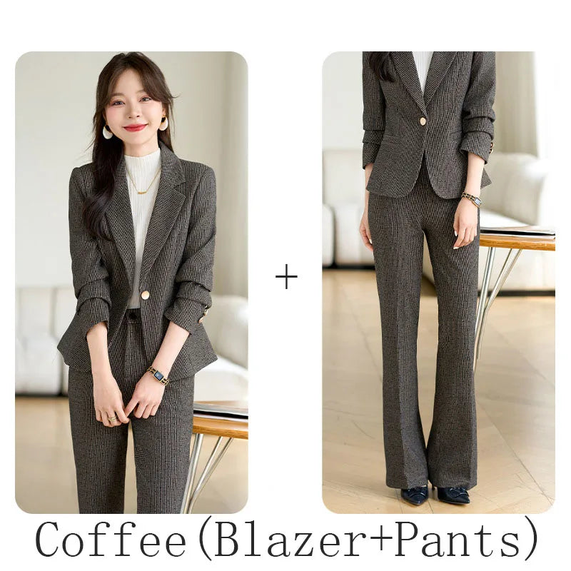 2024 Autumn Winter New Retro Plaid Woolen Blazer Coat And High Waist Flare Pant Two Piece Set Women's Suit Business Clothing