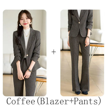 2024 Autumn Winter New Retro Plaid Woolen Blazer Coat And High Waist Flare Pant Two Piece Set Women's Suit Business Clothing