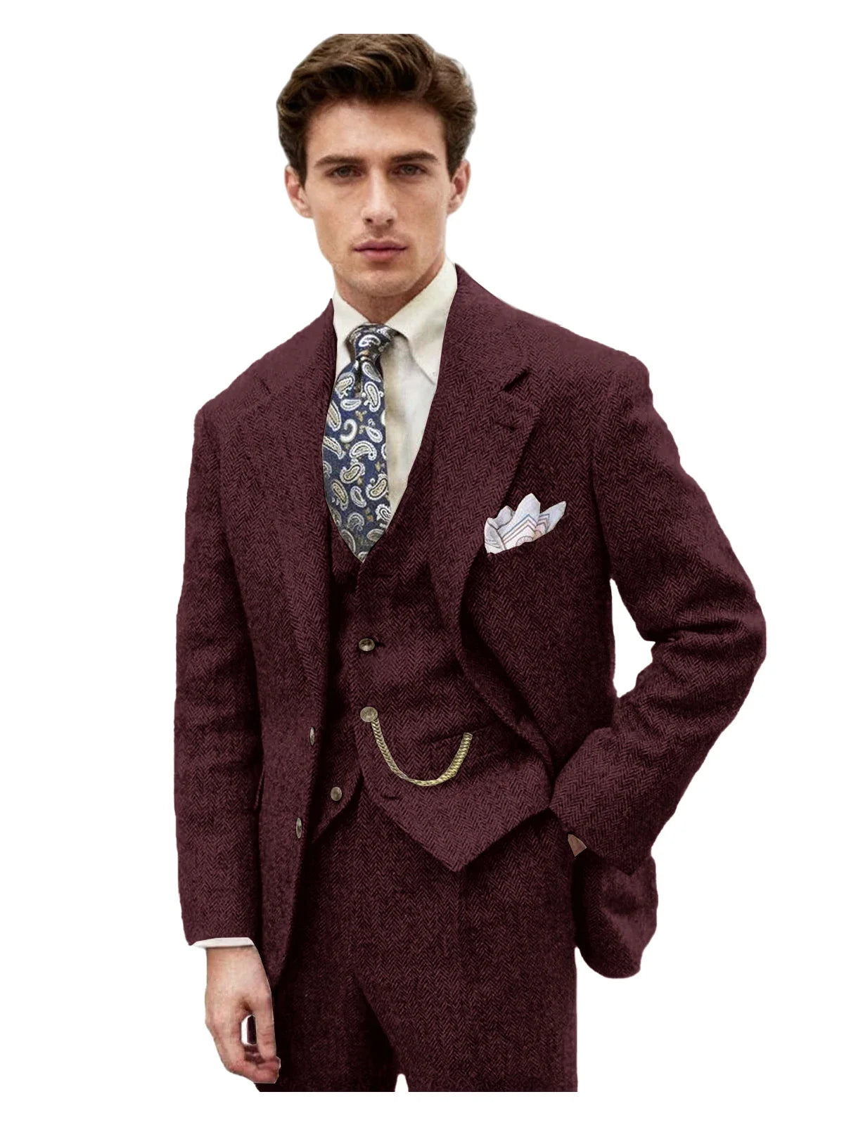 3 Piece Grey/Brown Mens Tweed Herringbone Wedding Suit Prom Tuxedos Peak Lapel Tweed for Business Slim Fit (Blazer+Vest+Pants)