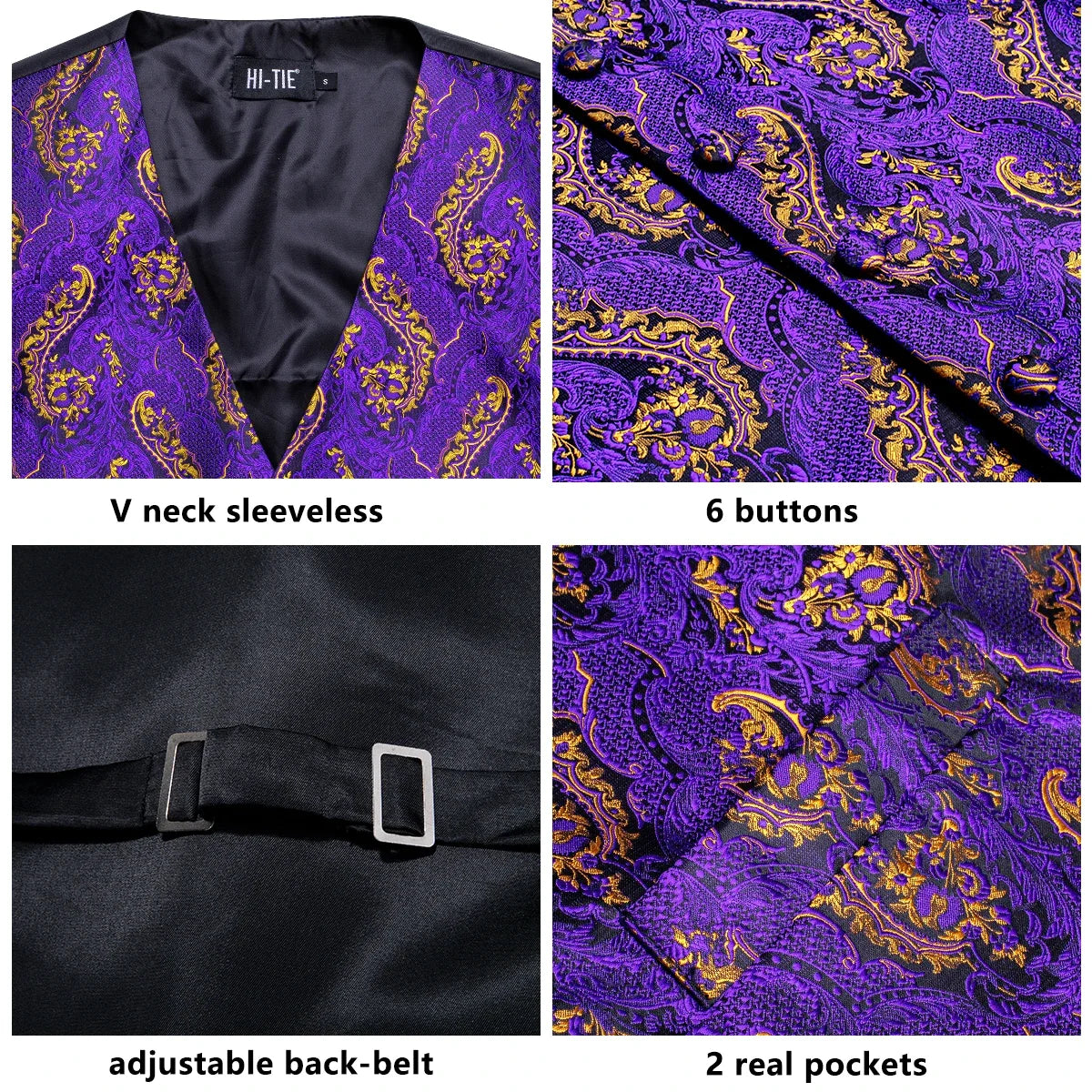 Men's Jacquard Floral Waistcoat Set with Tie, Pocket Square & Cufflinks – Purple Paisley, Wedding & Business