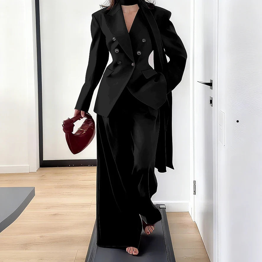 Elegant Women Double Breasted Suit Set Double Breasted Peaked Lapel Blazer+Pants Daily Slim Fit Office Evening Party Outerwears