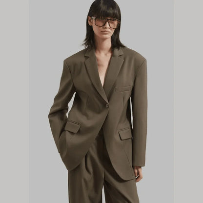 Fashion Brown Single Button Women Pants Set High-end Female Two Pieces(Jacket+Trousers)أطقم بناطيل