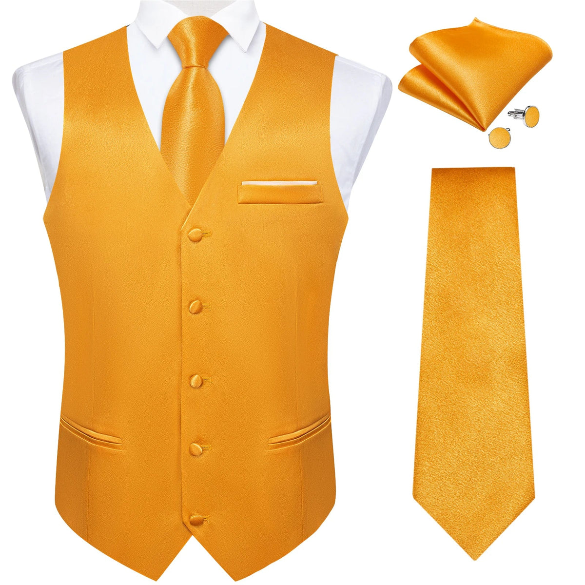 Men's Satin Suit Vest Set with Tie Handkerchief and Cufflinks for Wedding and Prom