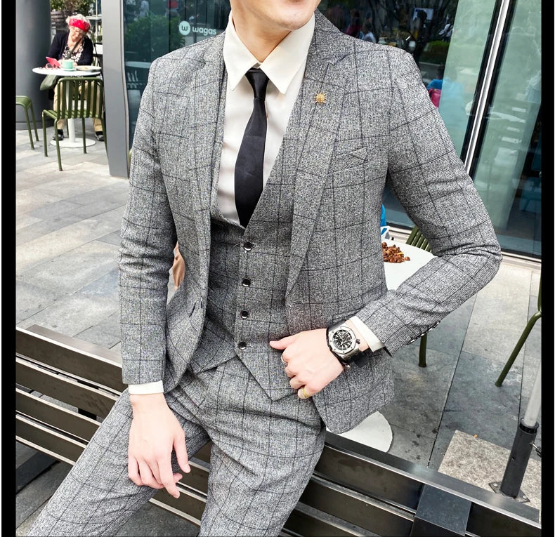 Men's 3-Piece Slim Fit Striped Plaid Suit Set with Vest and Trousers – Wedding & Business