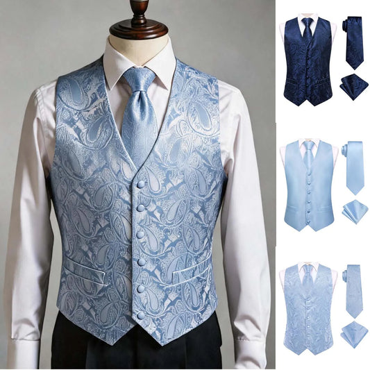 Men's Suit Vest Set Double Breasted Waistcoat with Tie and Pocket Square for Parties and Formal Occasions
