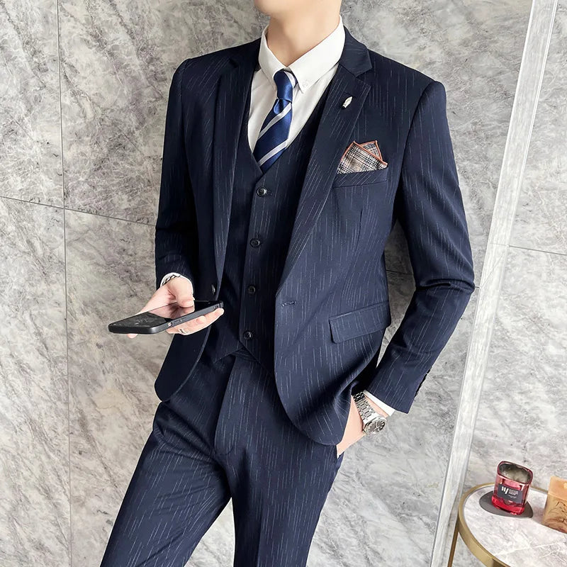 Men's 3-Piece Striped Suit – Slim Fit Blazer, Vest & Pants for Formal, Business & Wedding Occasions