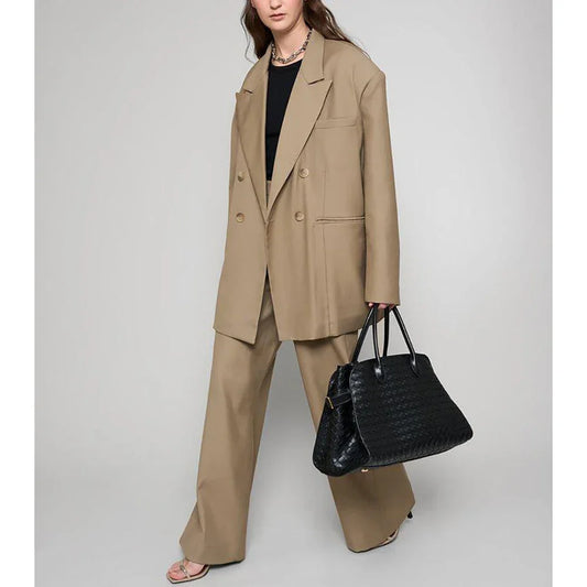 Loose khaki Double Breasted Women Pants Set High-end Female Two Pieces(Jacket+Trousers)أطقم بناطيل