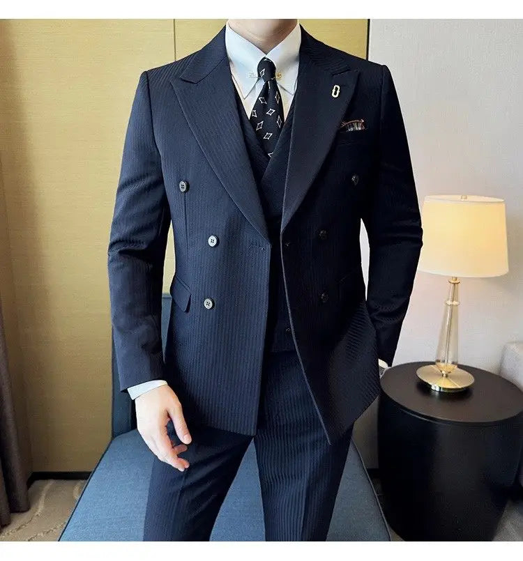 Korean Slim Fitt Wedding Suit Fashion Striped Double Breasted Suit 3 Piece Set Business Formal Casual Party Prom Host Suits