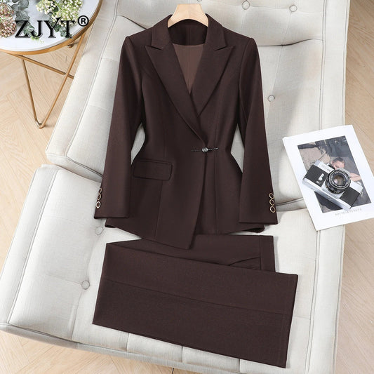 Autumn Elegant Chic Blazer and Pants Suit Women 2026 Korean Fashion Formal Office Outfit Brown Jacket and Trousers Sets