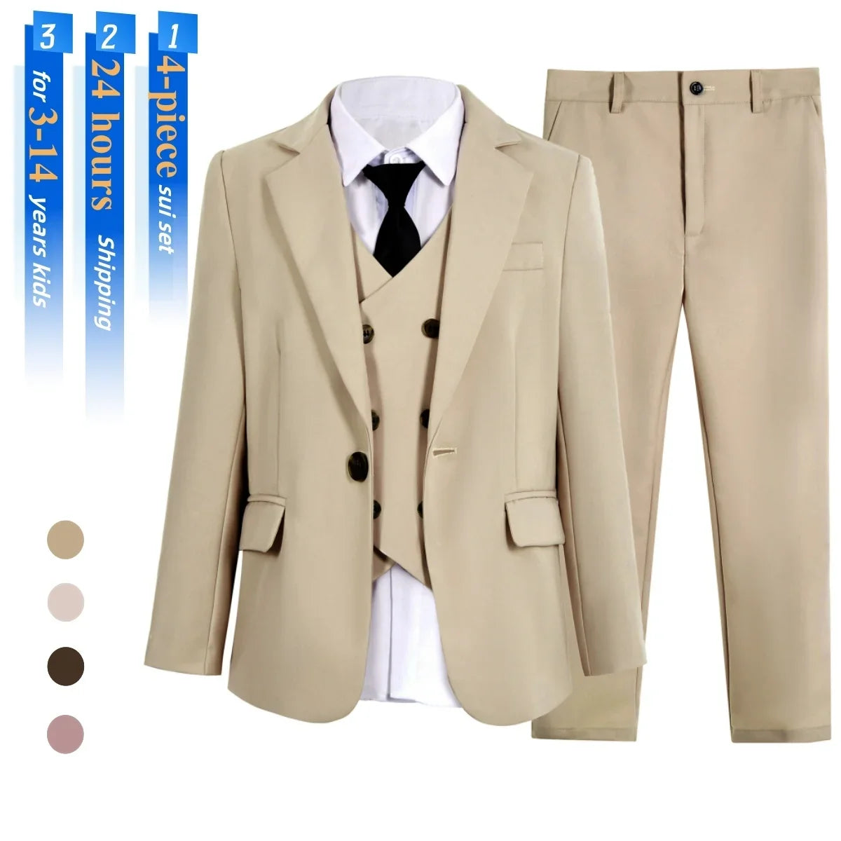 Boys Suit Set 4-Piece Formal Tuxedo for Kids Wedding Pageant Party Ages 3–14