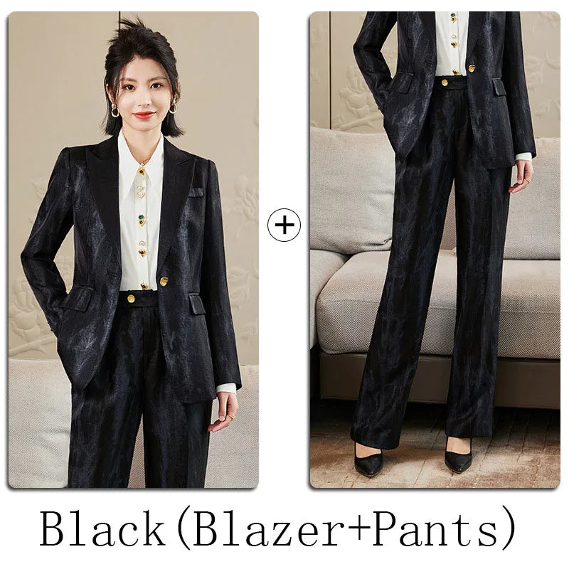 Women Golden Black Formal Pant Suit Autumn Female Tie-dye Blazer and Trouser 2 Piece Set For Office Ladies Winter Work Wear